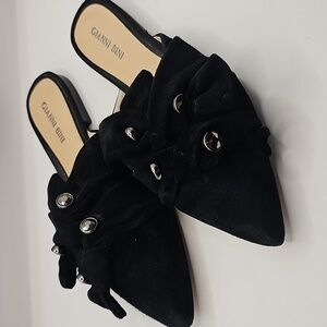 Gianni Bini Kresslie Black Suede Hardware Detail Pointed Toe Mules 7.5